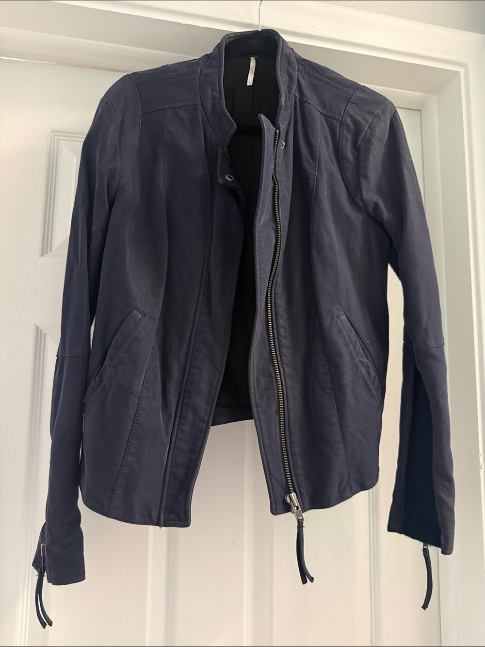 Free People Navy Leather Zip Moto Jacket